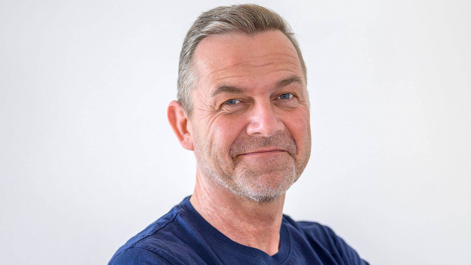 man in blue shirt